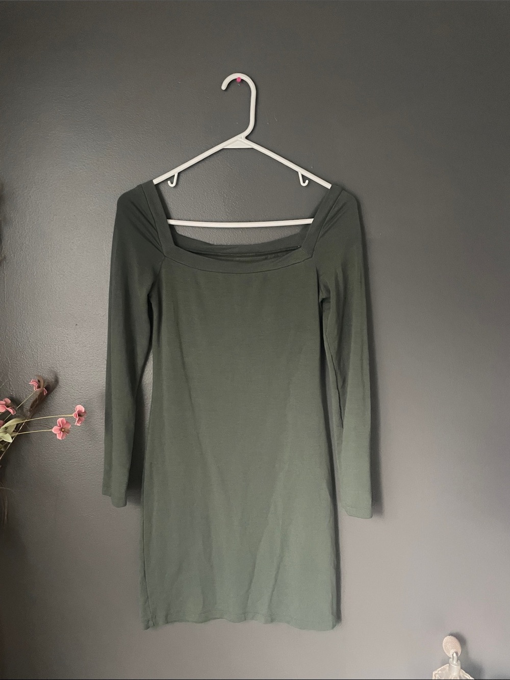 Urban Outfitters Olive Green Square-Neck Long-Sleeve Mini Dress S/P